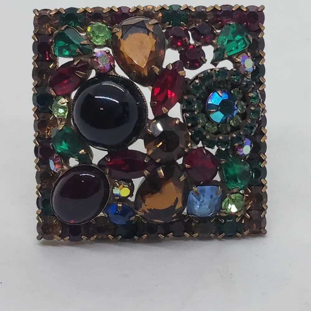 Vintage HUGE Weiss Fruit Salad Rhinestone Cabochon Square Multicolor Unsigned